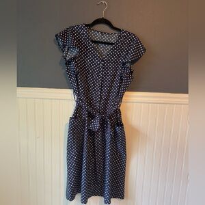 Women's Large Navy Polka Dot Midi Dress NWOT